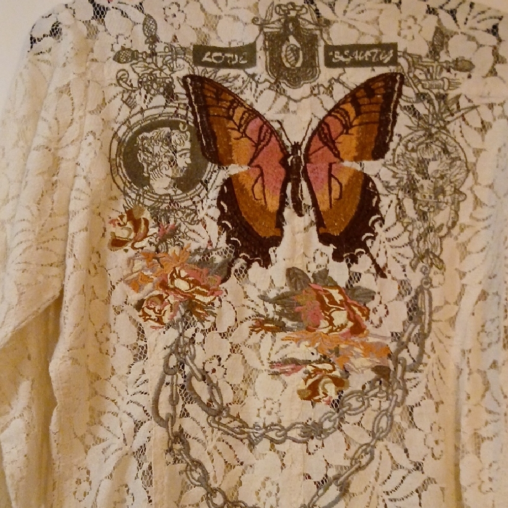 Floral Embroidered Lace Blouse Button Down - Cream L BUTTERFLIES. Love Beauty - Picture 4 of 10